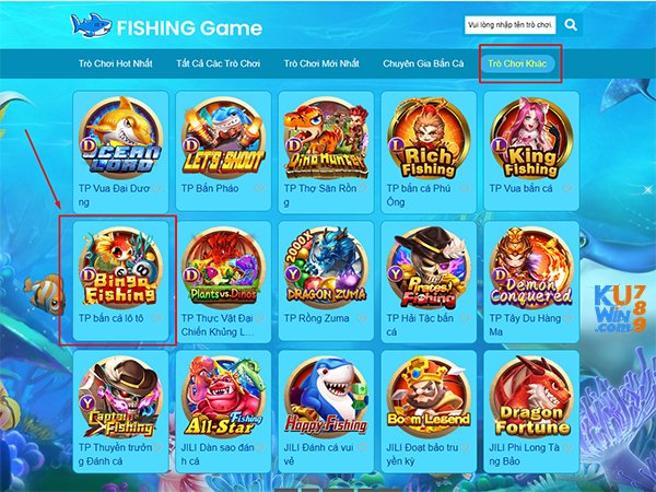 Giao diện truy cập game bắn cá TP bắn cá lô tô tại KUWIN